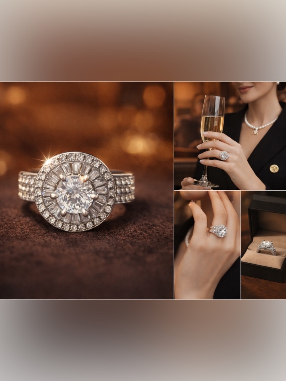 Round Halo CZ Statement Ring in Silver Tone size 6